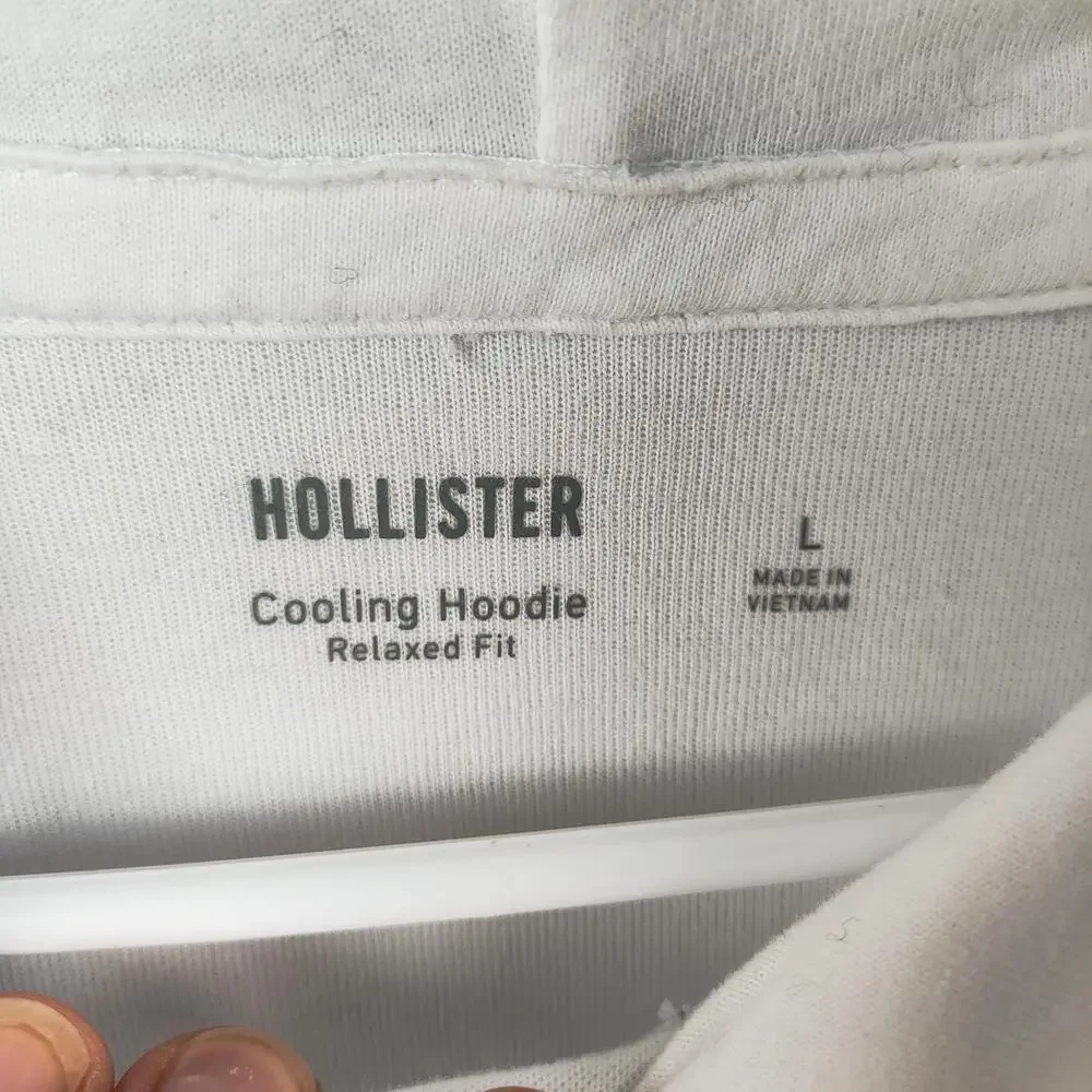Hollister Hoodie Mens Large White Cooling Relaxed Fit Pullover Fleece Sweatshirt